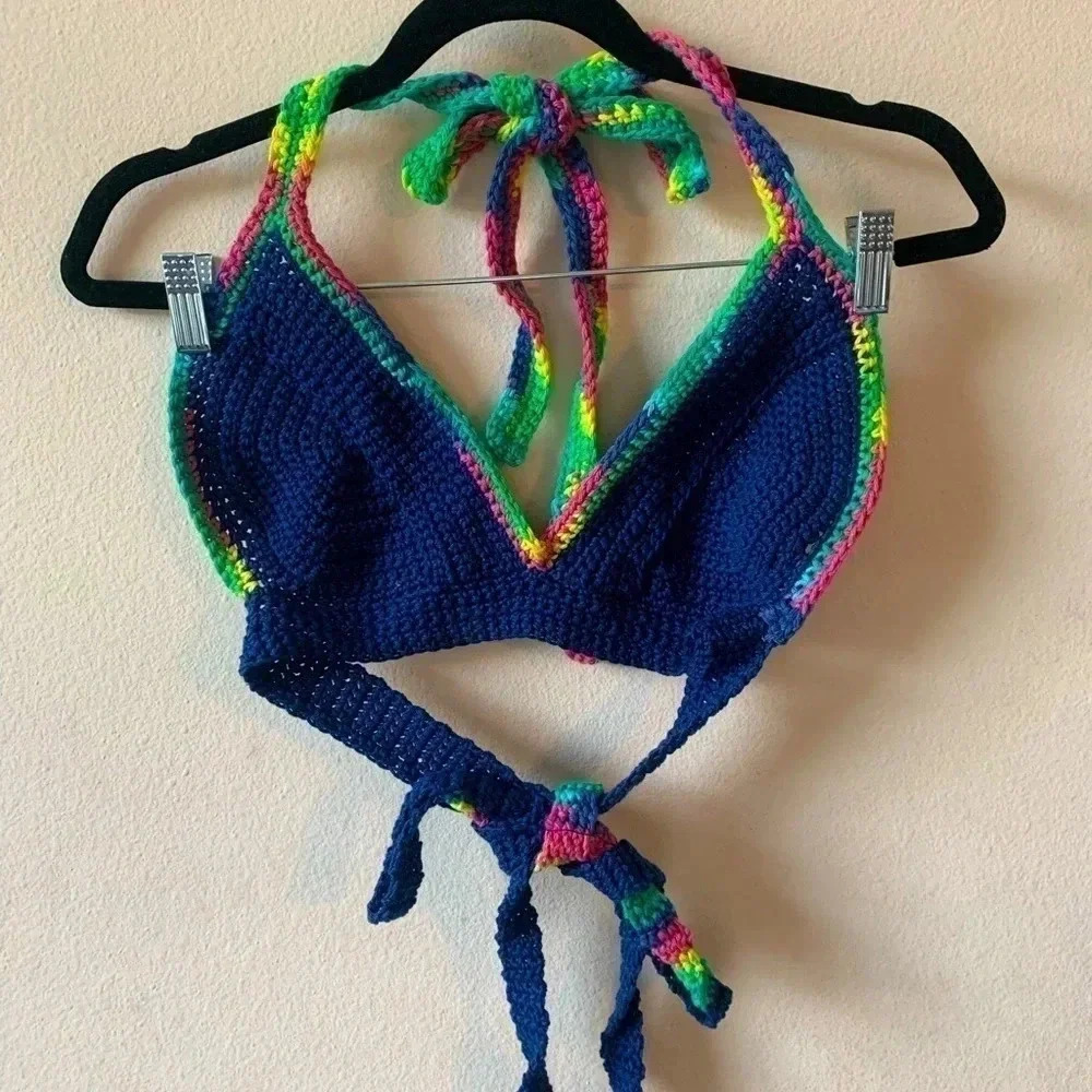 Crochet Knit Halter Bikini Top Womens Blue Multi-color Beach Festival Large B/C